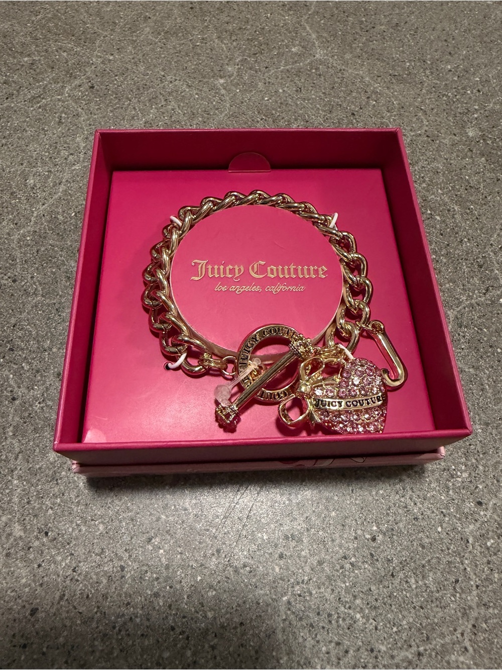 2 Juicy Couture Gold Chain Bracelet with Pink Crystal Lock Charm
